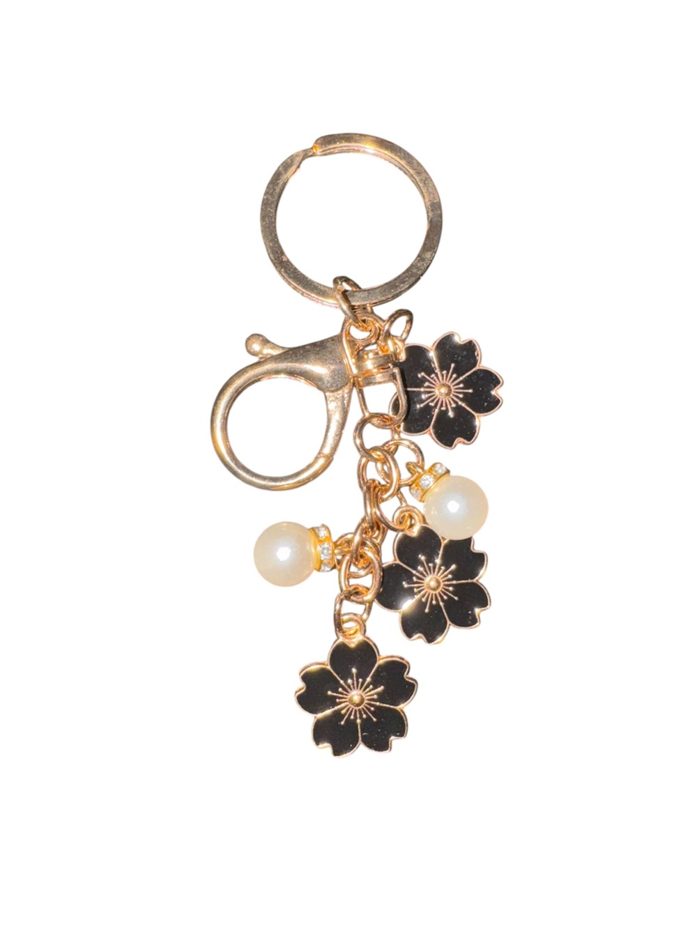 Gold-Tone Black Floral Charm Keychain with Pearl Accents